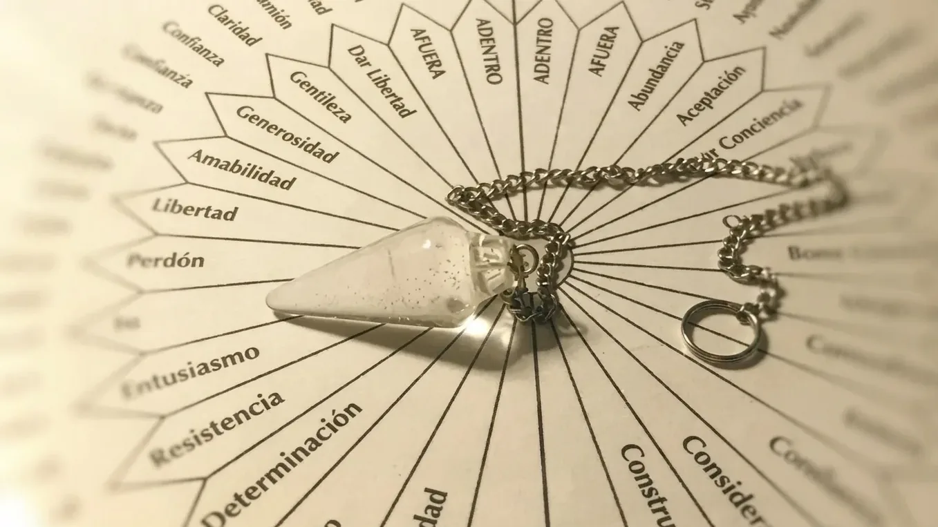 Péndulo de cuarzo sobre el gráfico de trabajo de la Terapia de Respuesta Espiritual